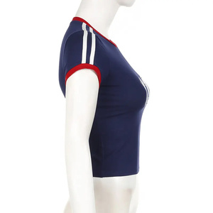 Ringer Tee diseño personalizado letra impresa número boxy crop shirts 95% algodón 5% Spandex Slim Fit Soft Crewneck mujeres camisetas - Product Image 3