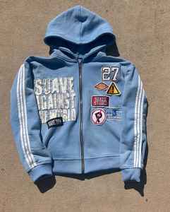 Sweat à capuche surdimensionné personnalisé avec broderie lourde, bandes latérales et broderie imprimée effet vieilli, fermeture éclair pour hommes - Product Image 1