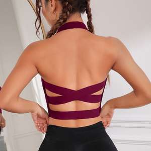 ชุดโยคะออกกำลังกายแบบไร้ตะเข็บเอวสูง คอ halter แห้งเร็ว ระบายอากาศดี ชุดวิ่งออกกำลังกาย ด้านหลังมีโลโก้ ด้านหน้าลายเรียบ - Product Image 2