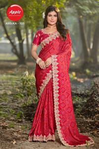 Sari élégant en satin georgette à imprimé bandhani avec bordure brodée lourde et pallu contrasté, sari de fête et de soirée - Product Image 6