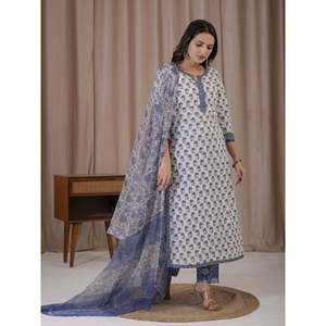 Ensemble Kurta Anarkali et pantalon blanc et bleu imprimé à la main, style ethnique indien en tissu filet, pour filles, idéal pour les fêtes - Product Image 4