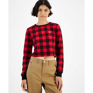 Felpa Tommy Jeans da donna in French Terry rosso a quadri Buffalo, taglia XL, traspirante per la stagione autunnale - Product Image 1