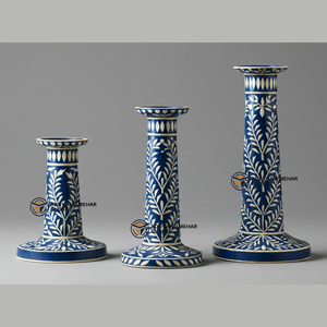 ชุดเชิงเทียนฝังกระดูกสีฟ้าทำด้วยมือเชิงเทียนตกแต่งลายดอกไม้ผู้จำหน่ายในอินเดีย - Product Image 1