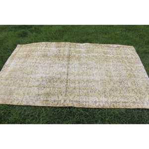 Vintage Area Rug 4x6.7 ft (121x204 cm), Turkish <b>Yellow</b> Animal Print <b>Wool</b> Rug - Product Image 3