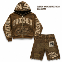 Vintage Washed Distressed Zip Hoodie Shorts Set Streetwear Grafik-Print Oversized Baggy Y2K Sommer Herren Zweiteiler Outfit