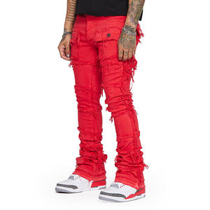 Jeans de Mezclilla Rectos Desgastados con Múltiples Bolsillos y Logotipo Personalizado para Hombre, Estilo Urbano Holgado - Product Image 1