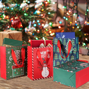Classic Christmas Snowman Recyclable Paperboard Gift Bags with <b>Flat</b> Handles Glitter Coated for Holiday Exhibition Presents - Product Image 4