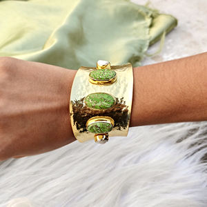 18k gold plated women jewelry green <b>copper</b> turquoise with freshwater pearl adjustable <b>bracelet</b> solid brass metal wide band cuff - Product Image 5