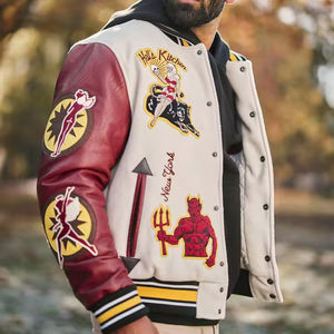 OEM personalizado Vintage chaqueta de bombardero de los hombres de soporte de cuello de cuero de vaca de manga Chenille parche bordado de béisbol Letterman Varsity - Product Image 4