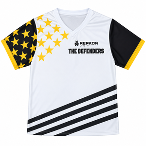Maillot de football unisexe blanc à rayures noires et étoiles, numéro 27, sublimé, respirant, anti-humidité, 100% polyester, manches courtes - Product Image 1