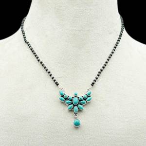 925 Sterling Silver Traditional Style Mangalsutra <b>Necklace</b> with Blue Turquoise Black <b>Beads</b> Flower Pendant <b>Fine</b> Pendant <b>Necklaces</b> - Product Image 1