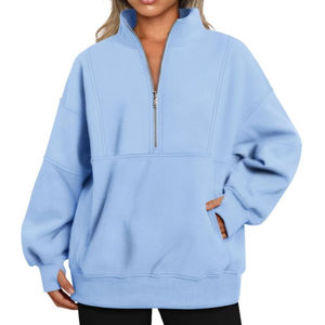 Haute qualité couleur rose à manches longues demi fermeture éclair col roulé mode décontractée col roulé fermeture éclair à capuche courte pour les femmes - Product Image 4