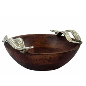 Tazón para servir frutas de madera de mango de calidad superior pulido con diseño de pájaro y hoja de metal para exhibición decorativa de bocadillos de frutas - Product Image 3
