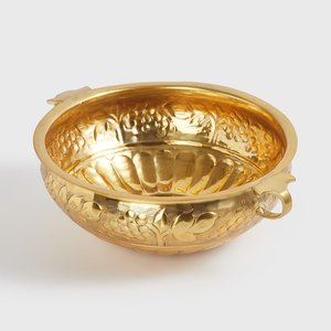 Round Shape Aluminum Gold Color Handmade Design Flower Bowl Urli with Two Handles for Festival Decoration - Product Image 2