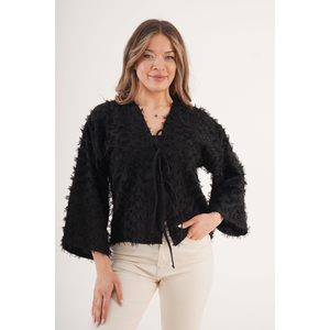 Kimono Negro con Flecos Completos y Cinturón para Mujer, por LUSTRIN - Prenda Exterior Elegante de Poliéster para Uso Casual y Tradicional - Product Image 4