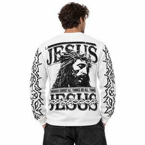 Camiseta térmica de manga larga tipo waffle para hombre, con estampado gráfico religioso, blanca, estilo streetwear, venta al por mayor, fabricante de ropa - Product Image 6