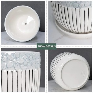 Lot de 3 pots de fleurs en céramique texturée avec soucoupe Mignon jardinière succulente d'intérieur et de jardin pour la maison - Product Image 3