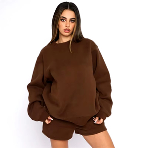 Ensemble de sweats à capuche décontractés pour femmes quantité minimale de commande bas vente en gros 2 pièces polaire survêtement survêtement Streetwear vêtements de détente hauts courts - Product Image 2