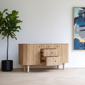 Buffet en bois massif de teck, console multimédia, armoire, finition personnalisée, design moderne européen, 3+ tiroirs, 2 étagères, meubles de maison pour - Product Image 4