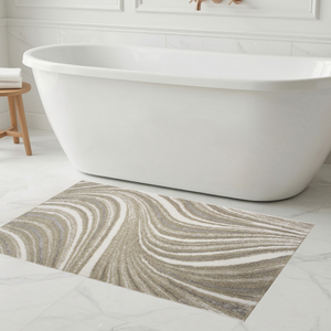 Alfombra de Baño Rectangular Mora de 70x120cm, Color Crudo/Beige/Plateado, de Algodón Reciclado con Patrón Jacquard Abstracto, Estilo Moderno - Product Image 1