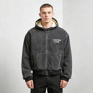 เสื้อฮู้ดดี้ผู้ชายสีเทาเข้มทันสมัย สกรีนโลโก้ได้ ผ้าฟลีซบุซับใน สไตล์วินเทจ ทรงโอเวอร์ไซส์ มีกระเป๋าเสื้อ  ลำลอง - Product Image 1