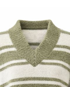 Customized Green Striped Women V Neck Crop Sweater Soft Knit Long Sleeve Winter Casual Fashion Pullover Jumper For Wholesale - Product Image 4