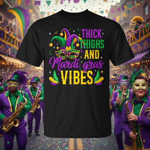 T-shirt da donna Mardi Gras Vibes con design a cosce abbondanti e maschera - Abbigliamento promozionale - Product Image 3