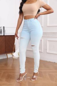 Plus Size <b>Women</b> Regular Fit <b>Elastic</b> <b>Waist</b> Summer Casual <b>Jeans</b> Customize Distressed Wide Fashion Ladies Long <b>Jean</b> Pants - Product Image 3