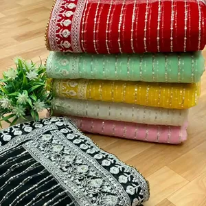 FULPARI kain jaring pekerjaan baru SAREE wanita kain jaring tipe murni dengan bordir warna Zari dan pekerjaan benang dan pekerjaan batu berat