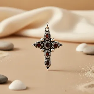925 <b>Sterling</b> <b>Silver</b> <b>Cross</b> <b>Pendant</b> With Garnet Stones Religious Charm Unisex Jewelry Bezel Setting Christian Theme - Product Image 1