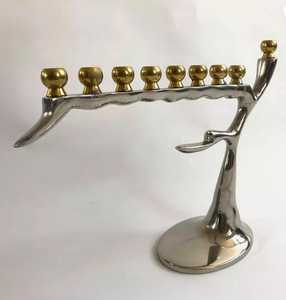 Customised Judaica Metal Menorah Chanukah <b>Candle</b> <b>Stick</b> Holder in <b>Brass</b> Nickel Finish Best for Table Direct From India Handmade - Product Image 1