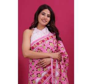 Vêtements de festival en coton Saree Soft Mulmul Design imprimé à la main pour les femmes Fête d'été Vêtements indiens et pakistanais - Product Image 1