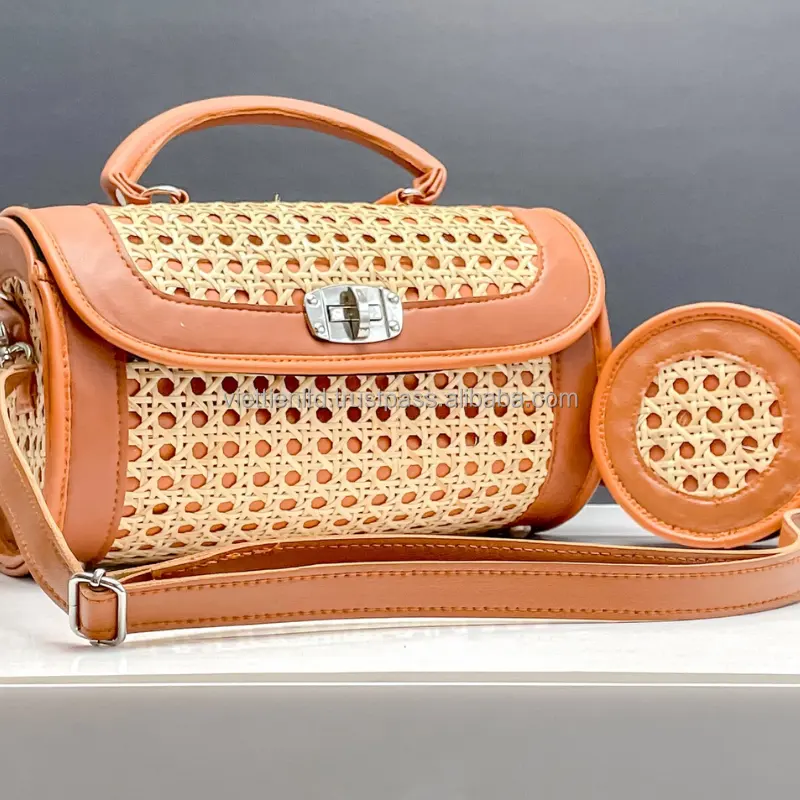Schlussverkauf! Luxus-Handtasche für Damen Schulterband Rattan-Stielband, Sommertasche mit Ledegriffen in Vinacraft Vietnam hergestellt