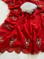 Sari en tissu georgette doux avec broderie, magnifique chemisier à motif floral avec perles et travail à la main Katdana, vêtements ethniques