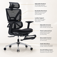 Chaise de bureau ergonomique en maille avec repose-pieds, appui-tête 3D réglable, support lombaire et accoudoirs 3D