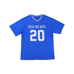 Zeta Phi Beta surdimensionné Chenille Football Jersey Tee bleu royal 100% Polyester brodé bouclier col en V Double rayé - Product Image 3