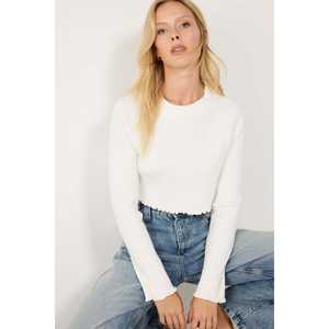 Top court en tricot côtelé à col rond, style décontracté - Product Image 1