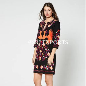 Klv — robe courte Banjara pour femme, broderie floral, style ancien, personnalisé, manches 3/4, col rond, tendance, oiseau mexicain, robe pour femme - Product Image 1