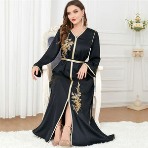 Vestido largo musulmán para mujer, cofre bordado con etiqueta privada, encaje dorado, hecho de seda, color negro, nuevo producto - Product Image 5