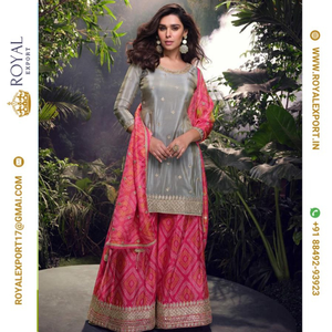 Royal Export en Surat Gujarat lanza nuevas exquisitas colecciones de Trajes cosidos de estilo indio Premium Real Chinon Silk Free Size - Product Image 3