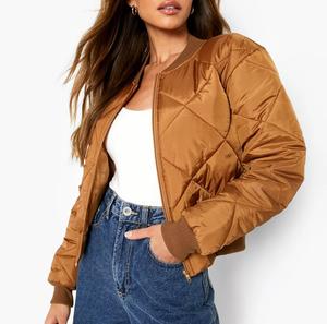 Últimos diseños de ropa para mujer, chaquetas acolchadas bomber brillantes de satén color marrón para mujer, tops cortos deportivos, chaquetas transpirables - Product Image 1