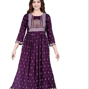 Hot Selling Women's Rayon Printed Purple Nayra Cut Flared Kurta Available at Wholesale Price for Export
