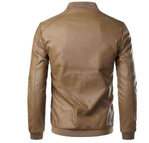Veste en cuir pour hommes, couleur unie, avec col montant et logo sur le devant - Product Image 3