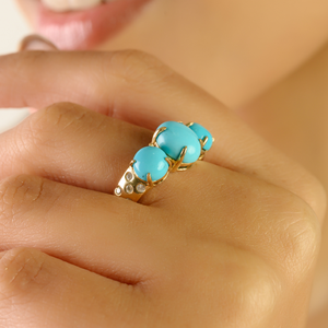 Beautiful Collection New Arrivals <b>Turquoise</b> & Diamond Statement Three Stone <b>Ring</b> 14K Real Yellow Gold Wedding Jewelry Wholesale - Product Image 4
