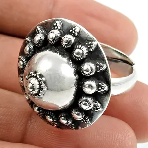 实心925纯银氧化寺庙戒指手工印度珠宝银女性时尚可调戒指