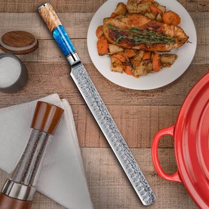 Couteau de chef long en acier Damas pour trancher le poisson, les rôtis et les fruits, avec manche en bois de ronce de résine bleue et lame en acier au carbone - Product Image 6