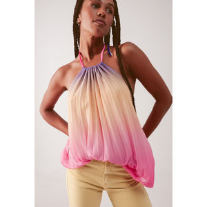 Top de cuello alto con pliegues en gasa rosa ombré para el verano - Product Image 1