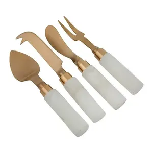 Juego de cuchillos de metal para queso Cuchillo para pizza de queso de acero inoxidable con mango de mármol blanco y cubiertos de color dorado Cuchillos para cubiertos - Product Image 4