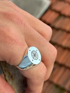 Solid 925 Sterling Silver 14K Gold Plated 14mm <b>Compass</b> Engraved Bohemian Christian Traveler Ring Unisex Fine Handmade Jewelry - Product Image 5