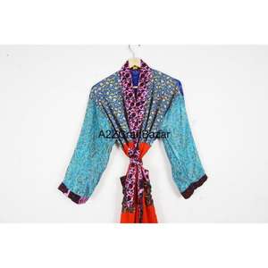 Bata de Seda 100% para Mujer, Cuello en V, Manga Tres Cuartos, con Cordón, Transpirable, Suave, Lujosa, Informal, Elegante, con Diseño de Parches - Product Image 2